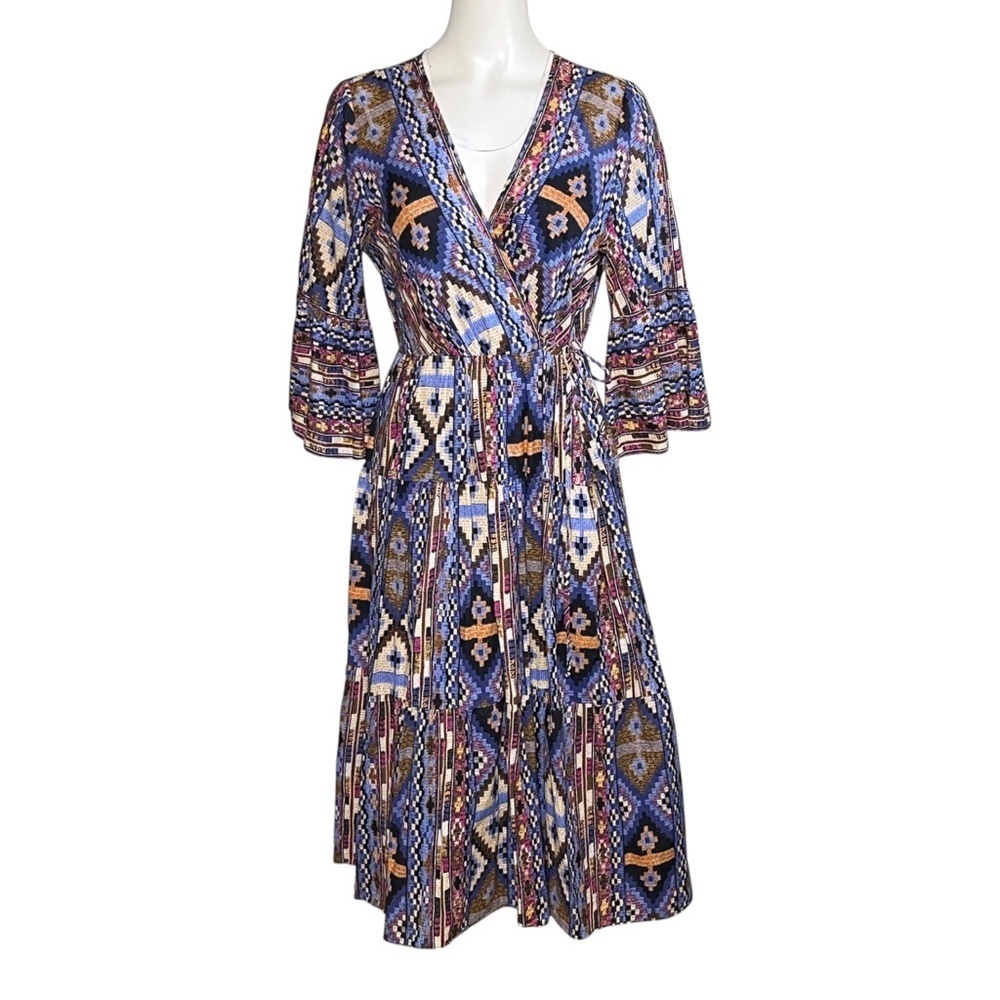 Kobi Halperin Rosa Midi Dress Lapis Multicolor Patchwork Ikat Print Boho Size M